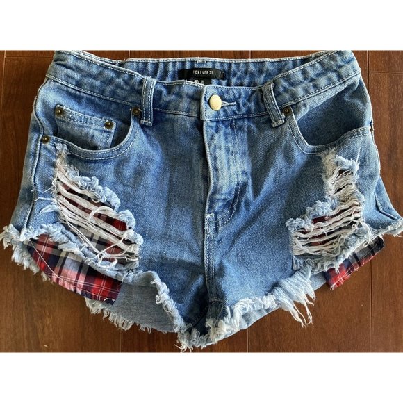 Forever 21 Distressed Blue Jean Shirts Waist 25 Bootie Shorts Cut-Off - Picture 2 of 4